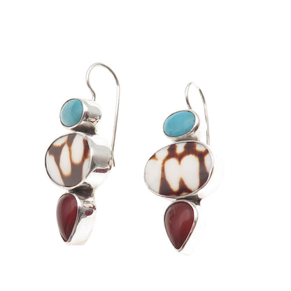 925 Sterling Silver Vintage Real Turquoise & Carnelian Dangle Earrings