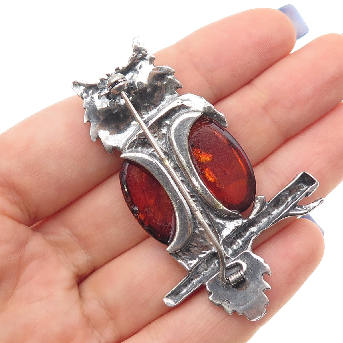 925 Sterling Silver Vintage Poland Real Amber Owl Bird Oxidized Pin Brooch