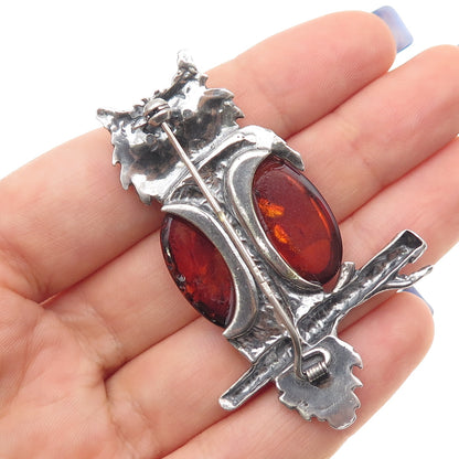 925 Sterling Silver Vintage Poland Real Amber Owl Bird Oxidized Pin Brooch