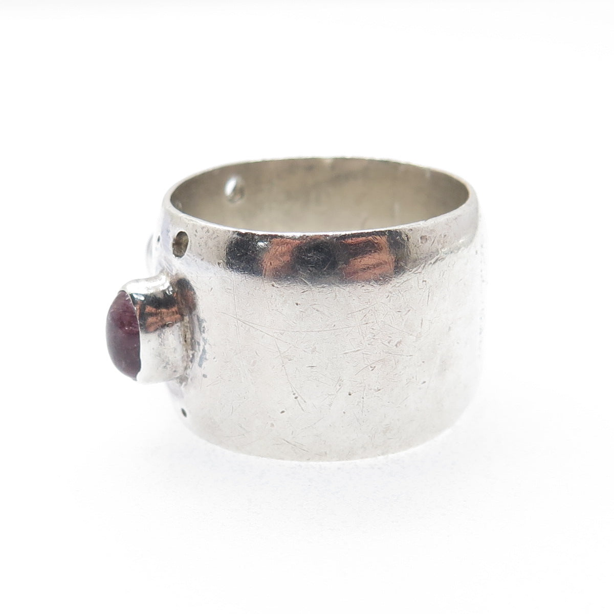 925 Sterling Silver Vintage Real Amethyst Modernist Wide Band Ring Size 8.5