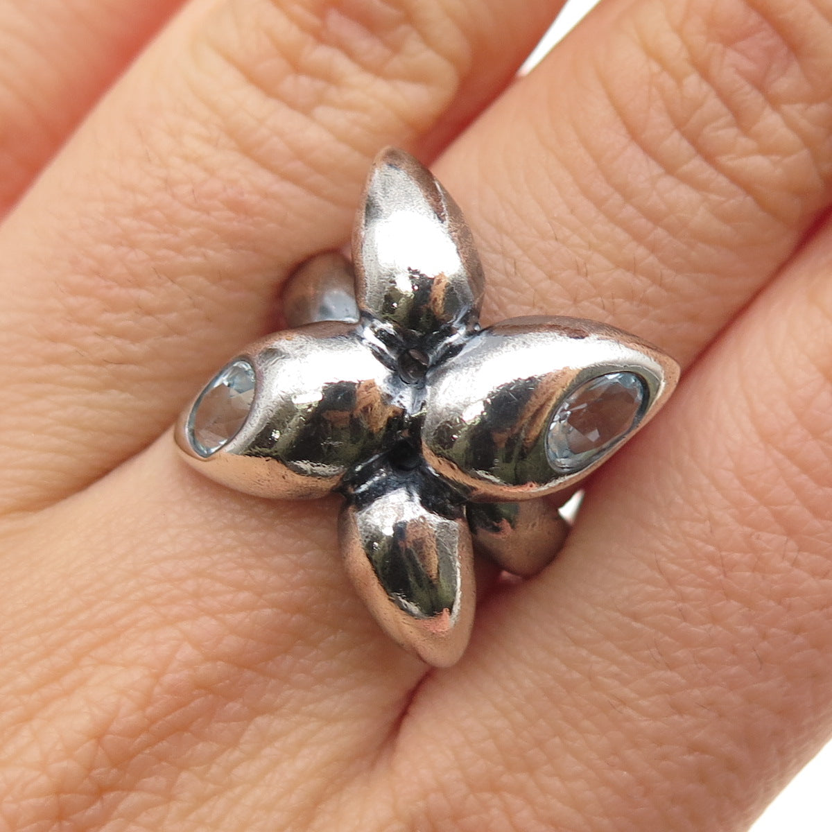 925 Sterling Silver Vintage Real Blue Topaz Modernist Oxidized Ring Size 6