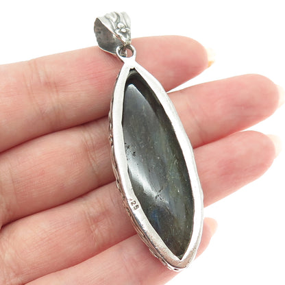 925 Sterling Silver Vintage Real Labradorite Gemstone Floral Accent Pendant