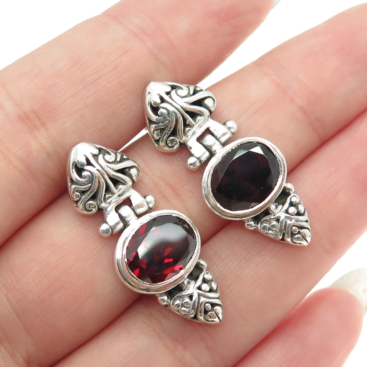 925 Sterling Silver Vintage Real Red Garnet Swirl Heart Earrings