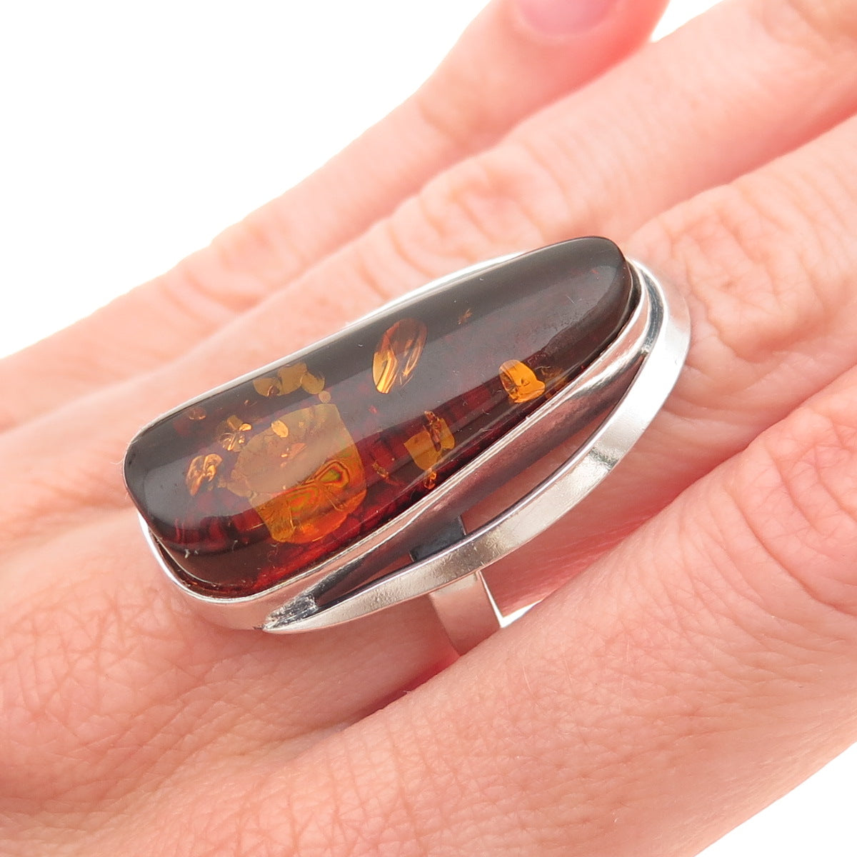 925 Sterling Vintage Poland Real Amber Modernist Adjustable Ring Size 6.75