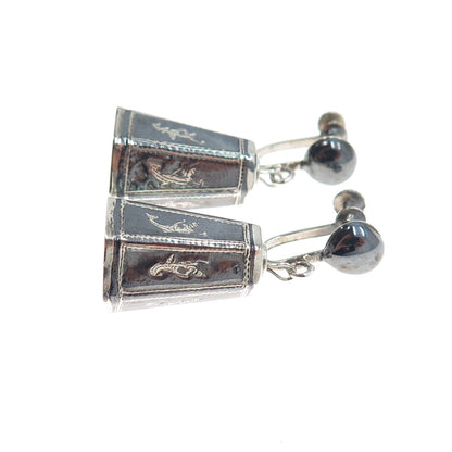 925 Sterling Silver Antique Siam Niello Hindu Goddess Screw Back Dangle Earrings