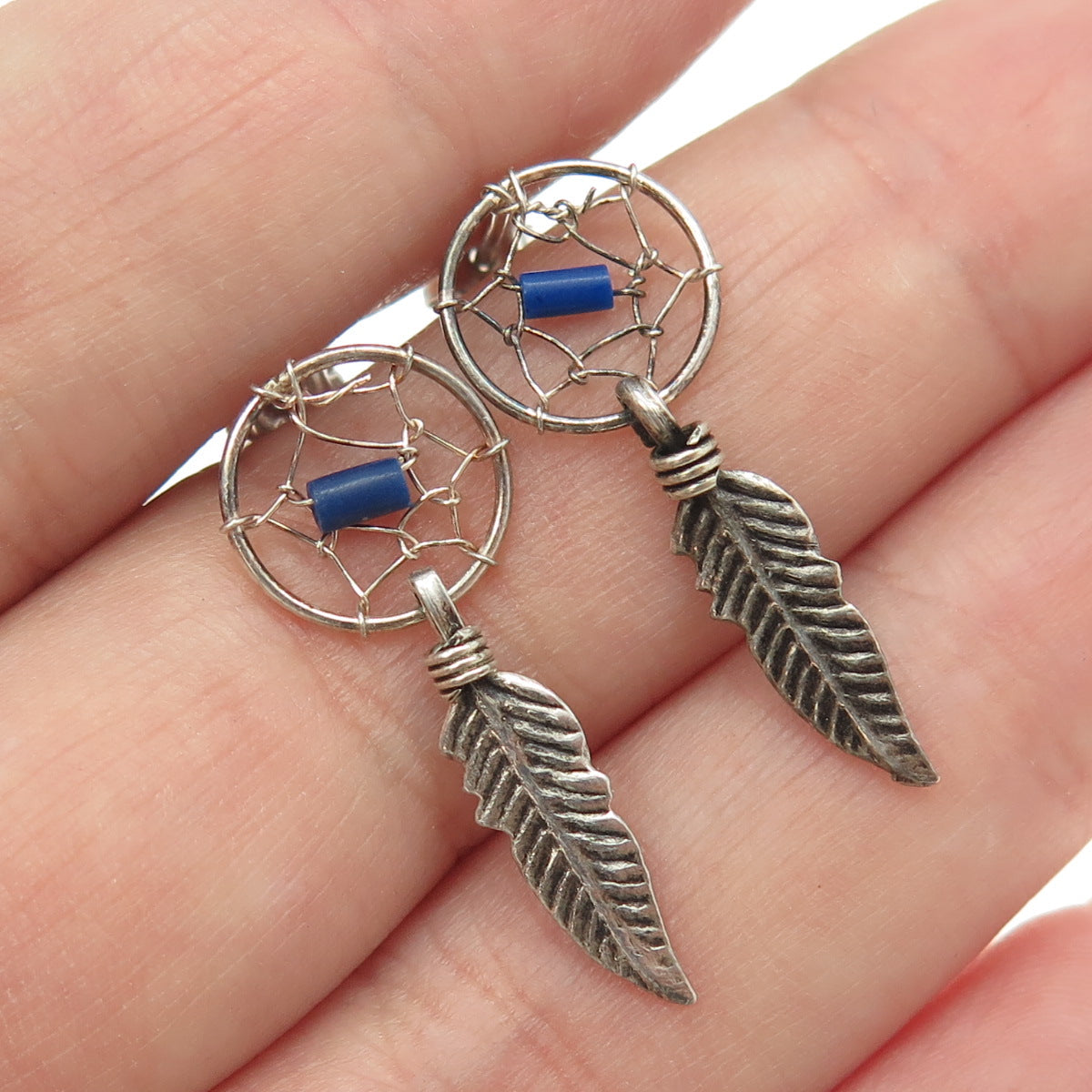 925 Sterling Silver Vintage Southwestern Real Lapis Dreamcatcher Tribal Earrings