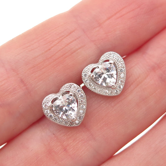 925 Sterling Silver Heart & Round-Cut C Z Stud Earrings