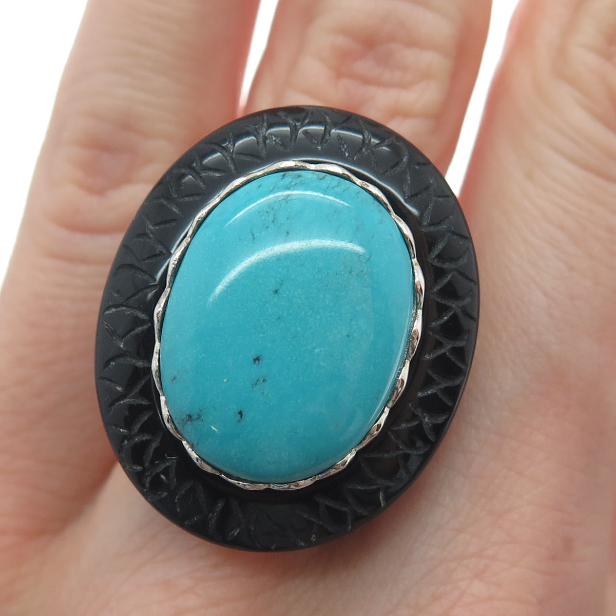 925 Sterling Silver Real Tyrone Turquoise & Black Onyx Snake Skin Ring Size 6.25