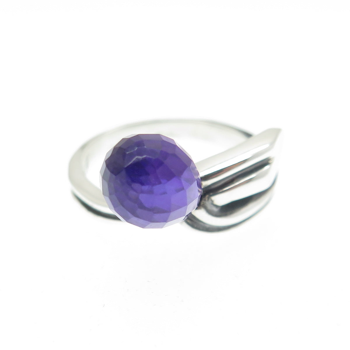 925 Sterling Silver Real Checkered Amethyst Gemstone Modernist Ring Size 6.75
