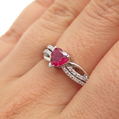 SAI 925 Sterling Silver Real Diamond & Lab-Created Ruby Heart Ring Size 6.75