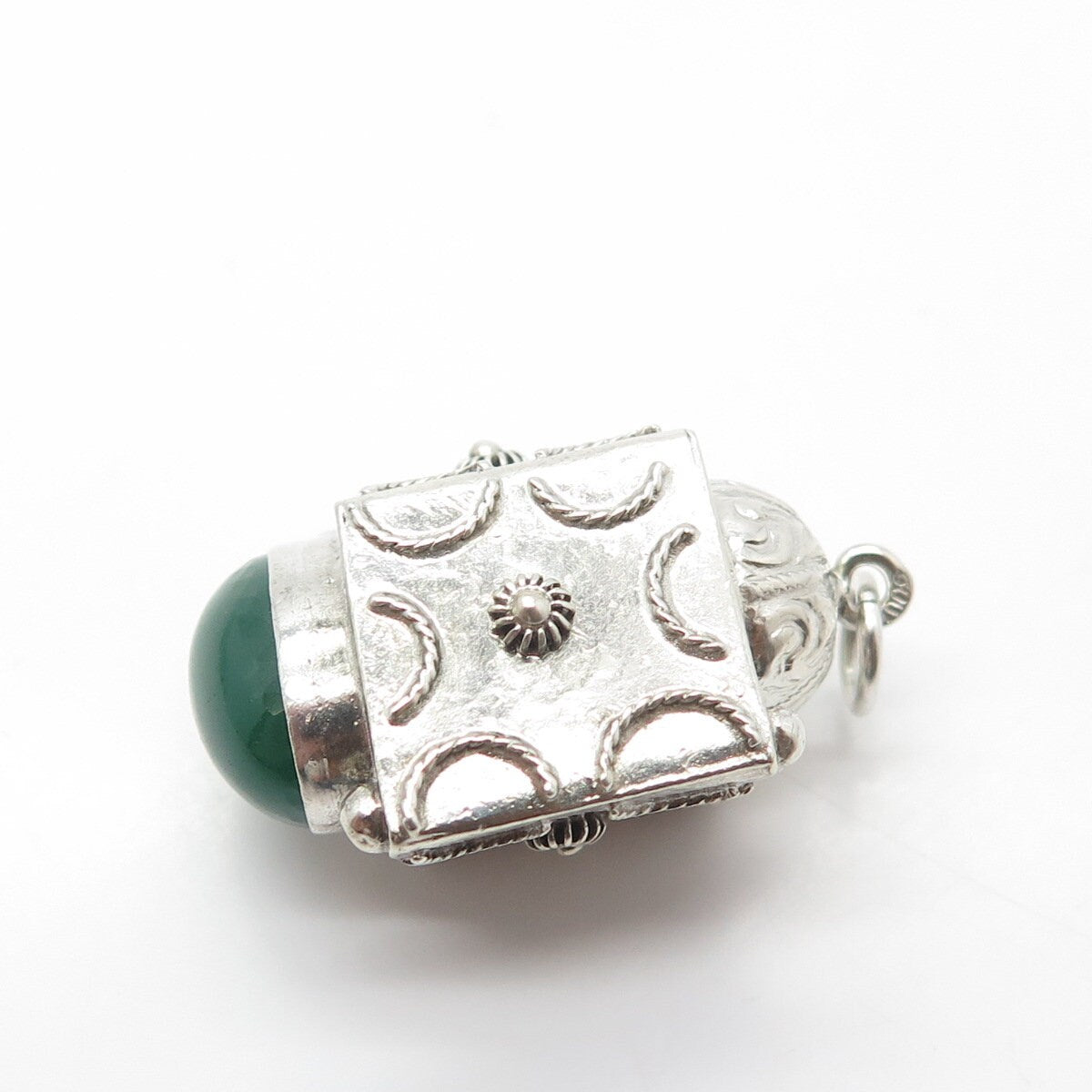 800 Silver Antique Art Deco Real Green Agate Gemstone Chatelaine Fob Pendant