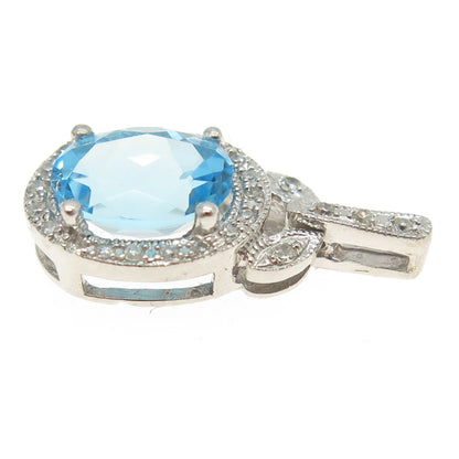 SAI 925 Sterling Silver Real Round-Cut Diamond & Oval-Cut Blue Topaz Pendant