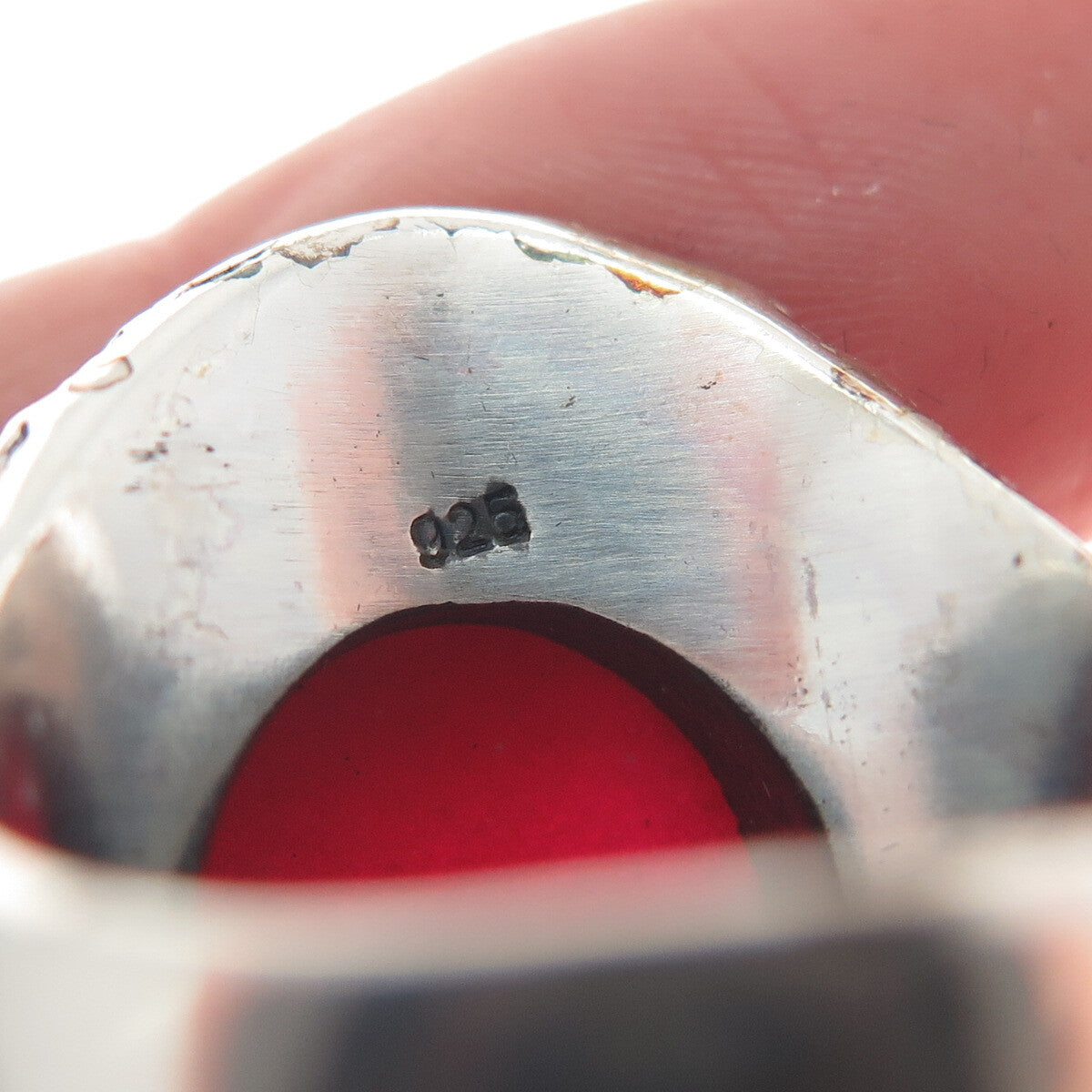 925 Sterling Silver Vintage Real Rhodonite Circle Link Oxidized Ring Size 8.75