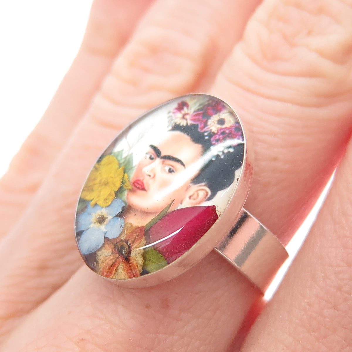 925 Sterling Silver Vintage Enamel Frida Kahlo Pressed Flowers Ring Size 6.75