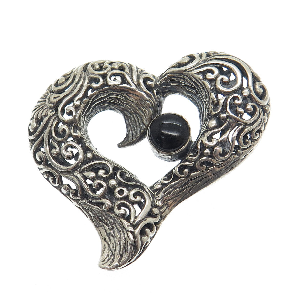 925 Sterling Silver Vintage Real Black Onyx Ornate Heart Oxidized Pendant