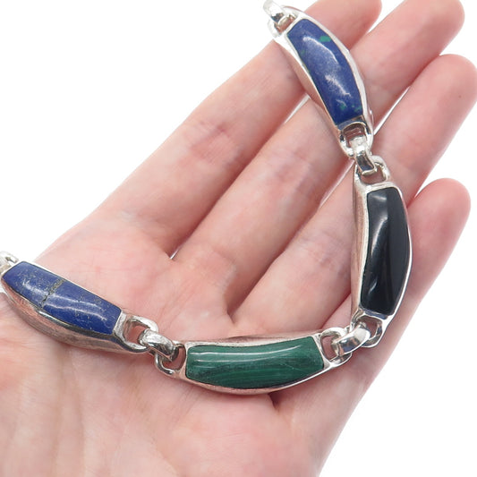 950 Silver Vintage Azurite Turquoise Jasper Onyx Lapis & Malachite Necklace 20"