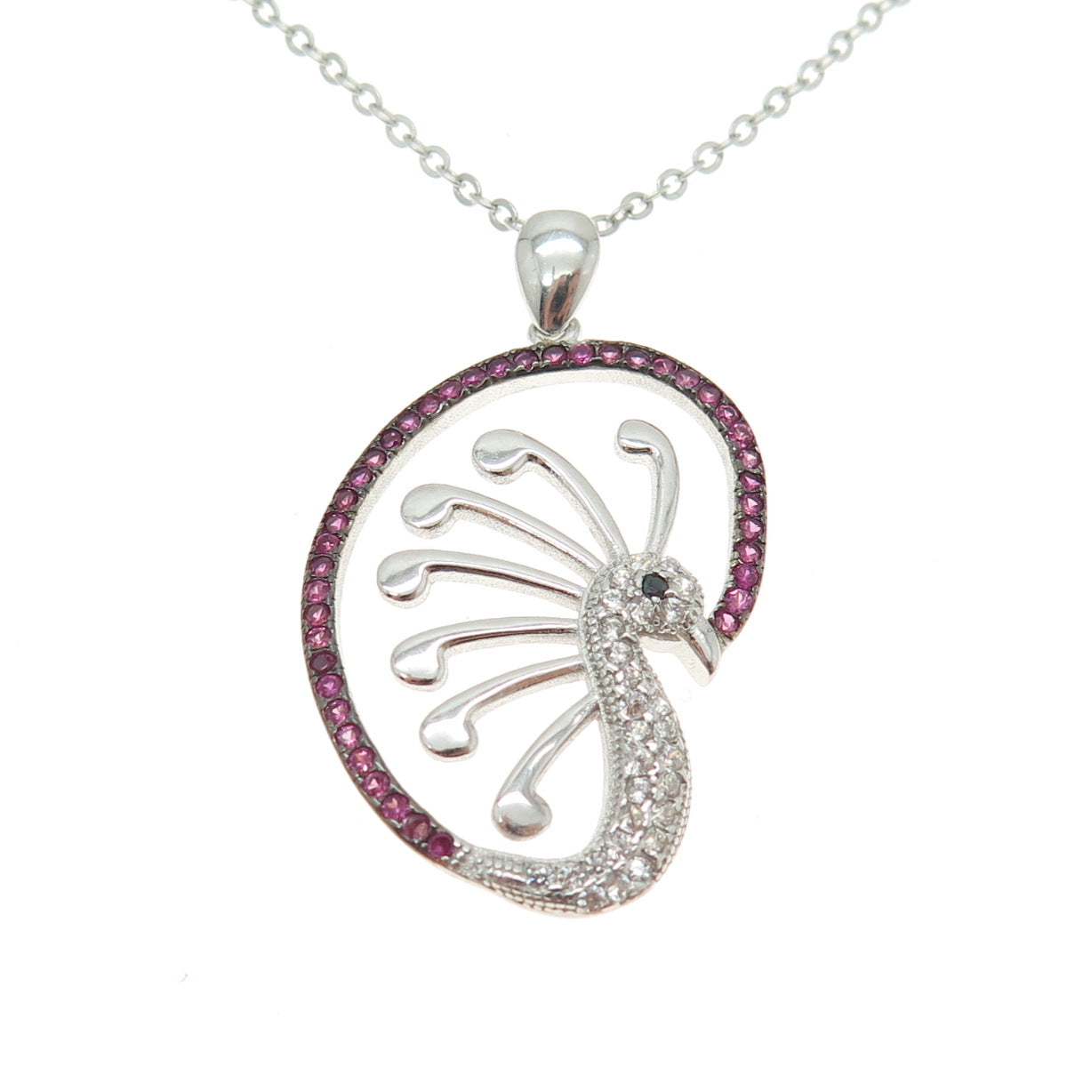 925 Sterling Silver Real Pink Sapphire Black Spinel & C Z Peacock Necklace 18"