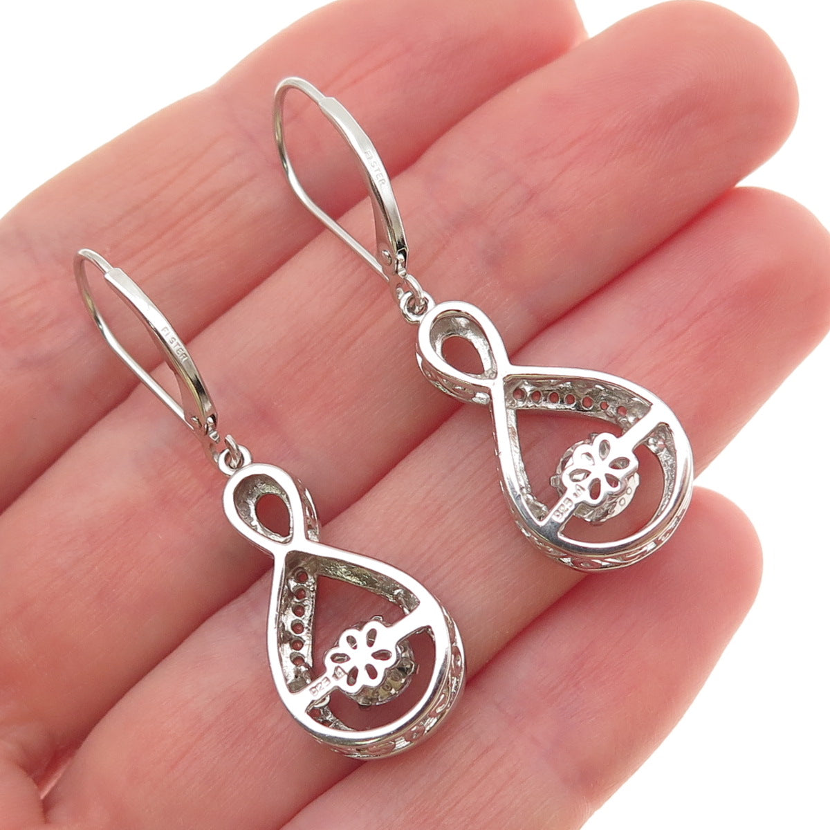 925 Sterling Silver Real Round-Cut White Topaz Infinity Dangle Earrings