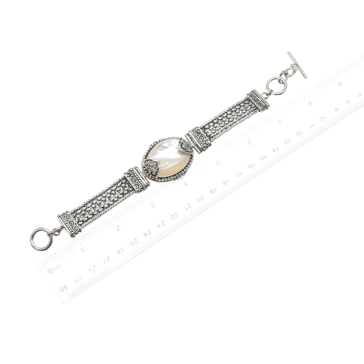 SUARTI BALI 925 Sterling Vintage Real MOP Ornate Heart Woven Link Bracelet 7.25"