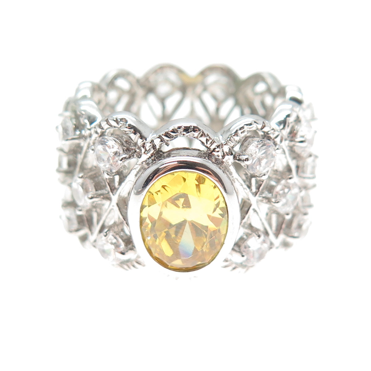 925 Sterling Silver Oval & Round-Cut Canary White C Z Ring Size 7.75