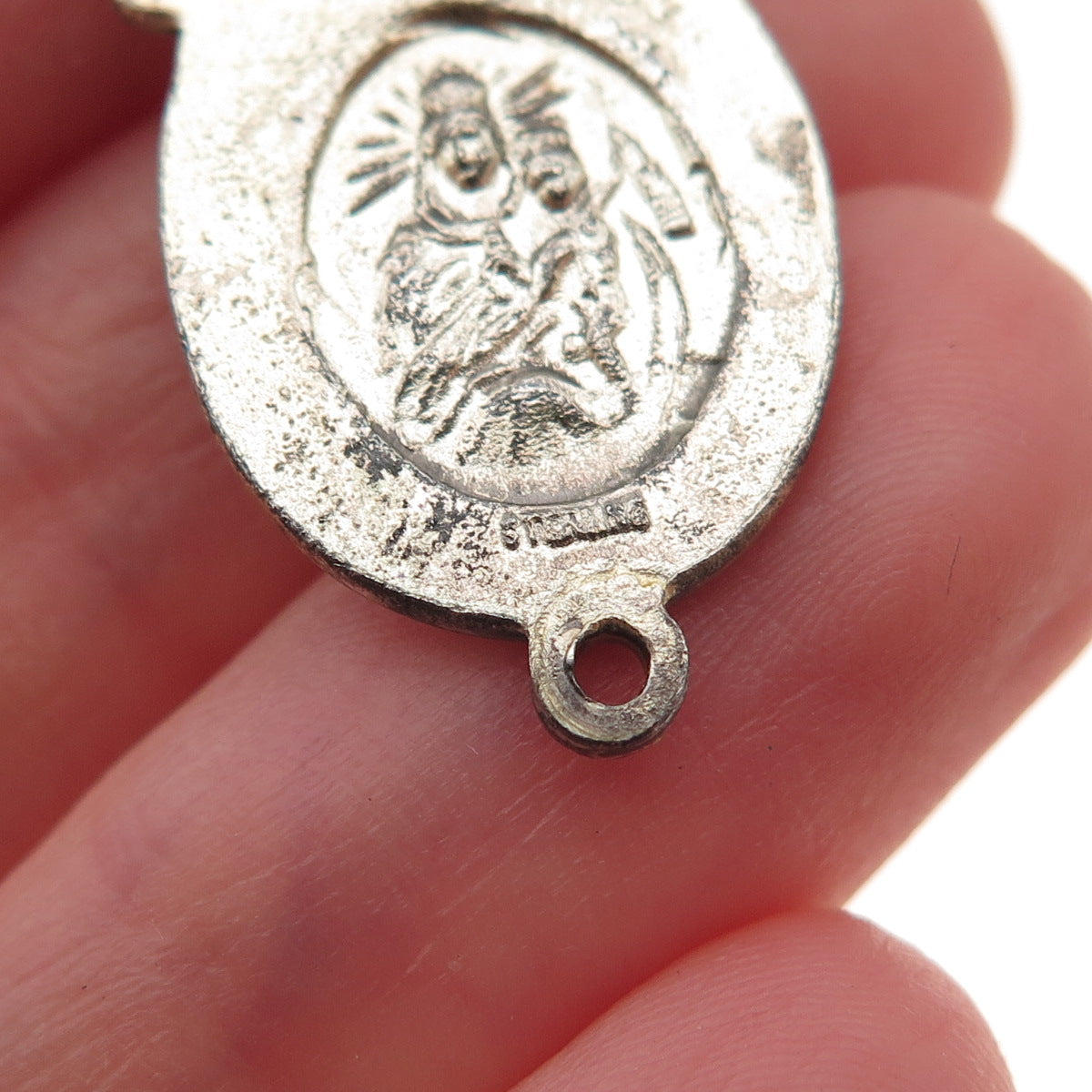 925 Sterling Silver Antique Art Deco Jesus & St. Mary Rosary Chain Charm Pendant