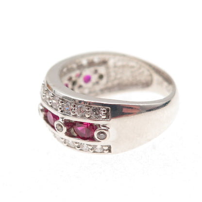 925 Sterling Silver Round-Cut Lab-Created Ruby & C Z Ring Size 5.25