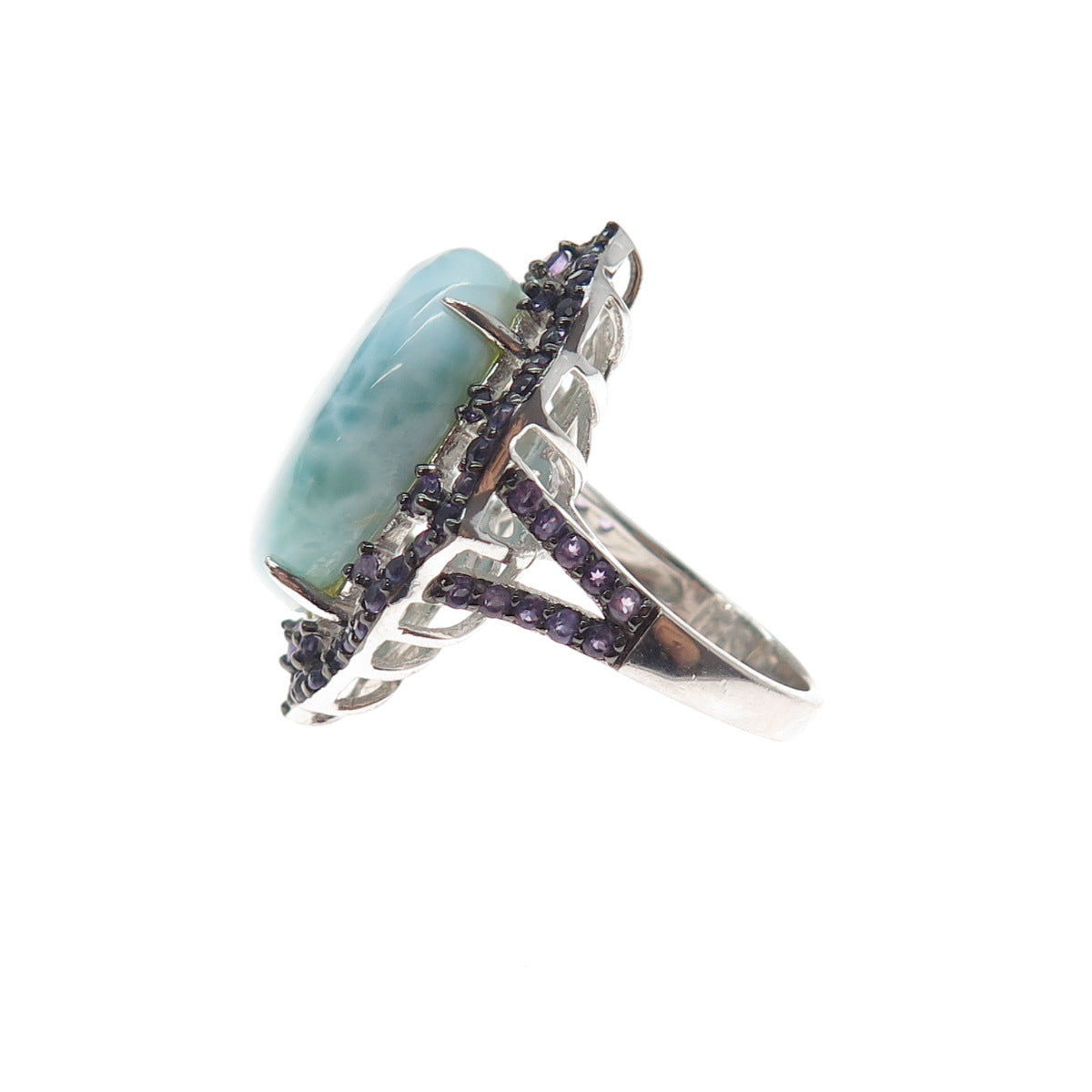 925 Sterling Silver Real Larimar & Amethyst Ring Size 7.25