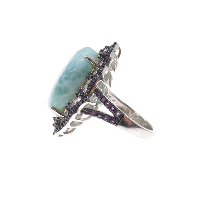 925 Sterling Silver Real Larimar & Amethyst Ring Size 7.25