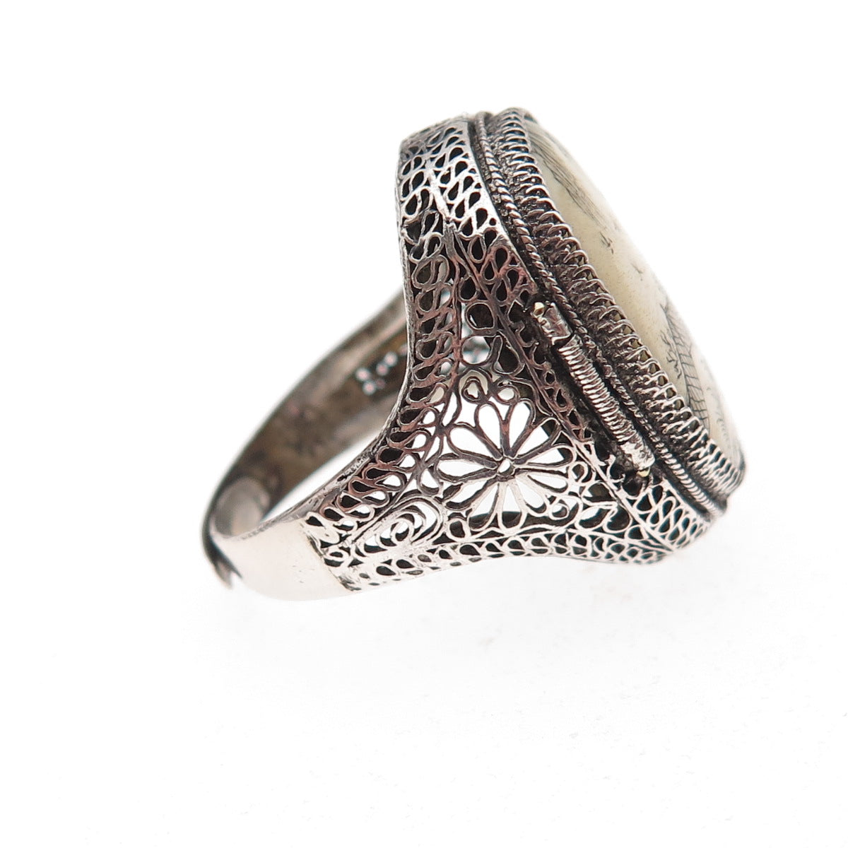 925 Sterling Silver Antique Chinese Lady Filigree Oxidized Poison Ring Size 5.25