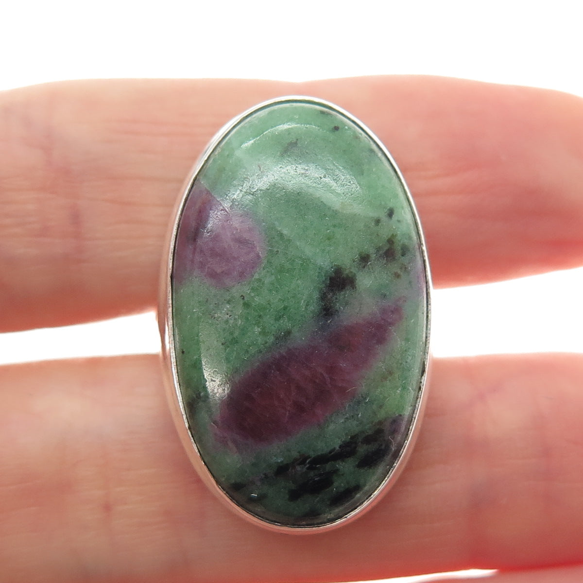 925 Sterling Silver Vintage Real Cabochon Zoisite Ruby Modernist Ring Size 5.25
