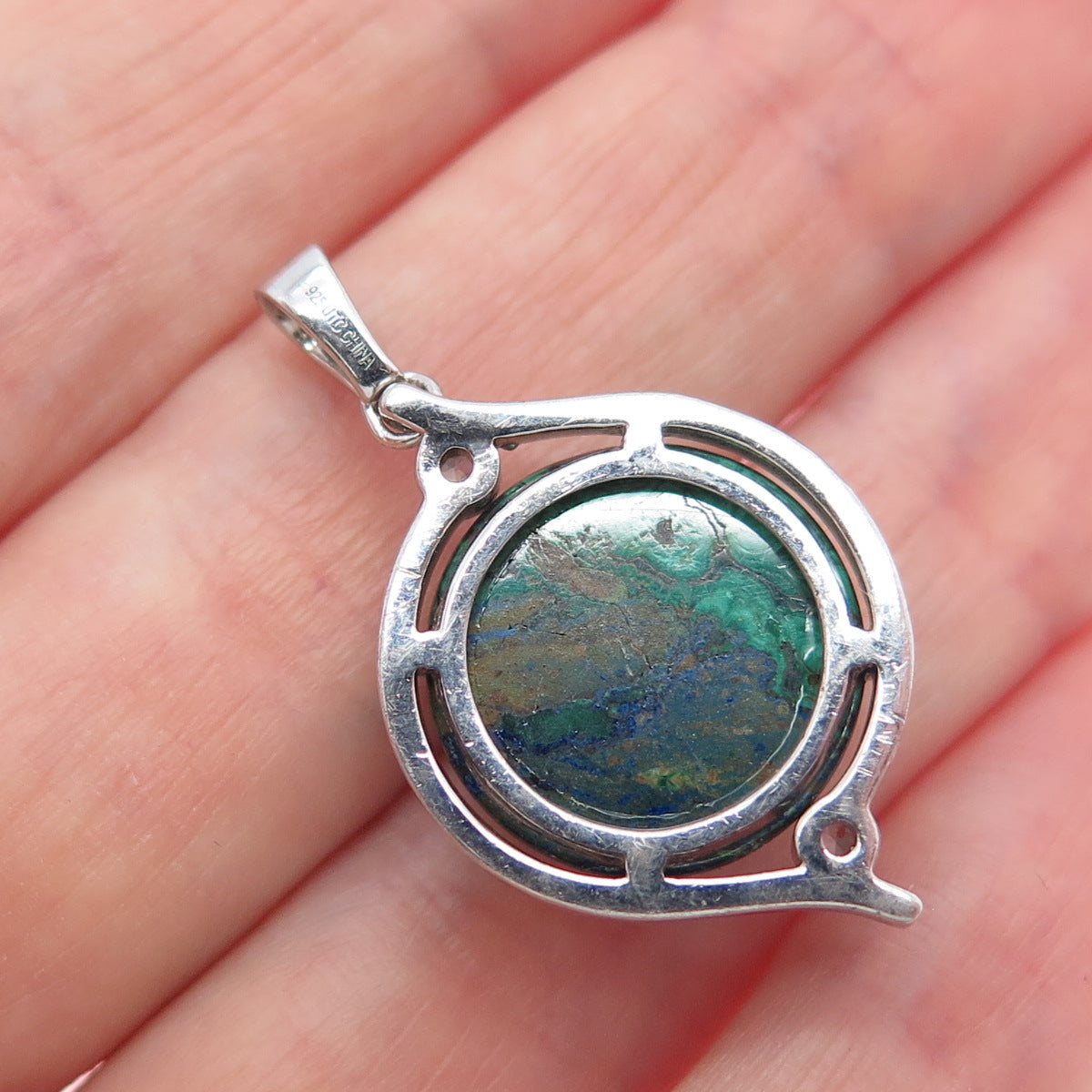 925 Sterling Silver Vintage Real Azurite & Blue Topaz Charm Pendant