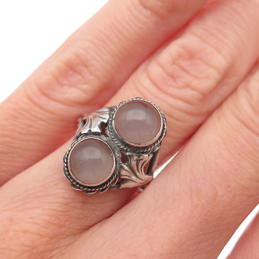 925 Sterling Silver Vintage Real Rose Quartz Floral Oxidized Ring Size 5.5