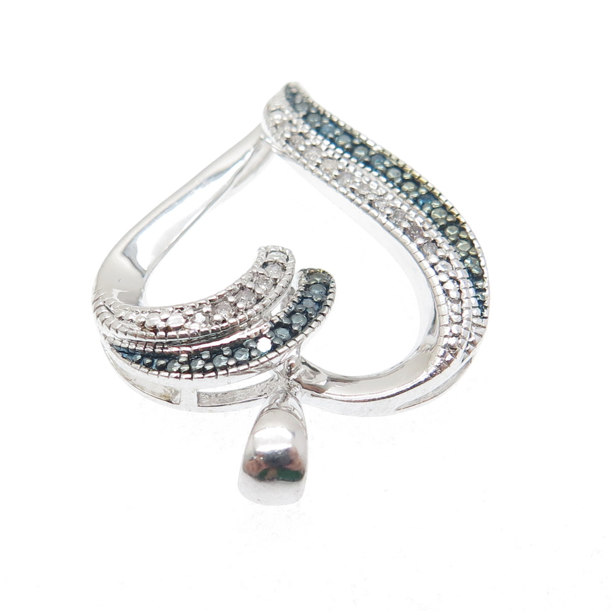 SUN 925 Sterling Silver Real Round-Cut White & Blue Diamond Heart Pendant