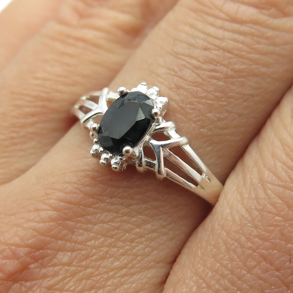 925 Sterling Silver Real Dark Blue Sapphire Gemstone Ring Size 10