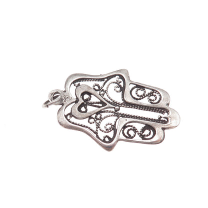 925 Sterling Silver Vintage Heart Hamsa Amulet Filigree Oxidized Charm Pendant