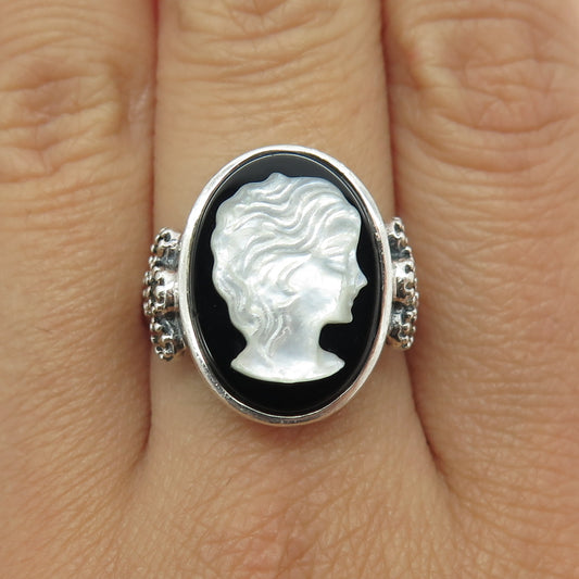 925 Sterling Silver Vintage MOP Black Onyx & Marcasite Gem Cameo Ring Size 8