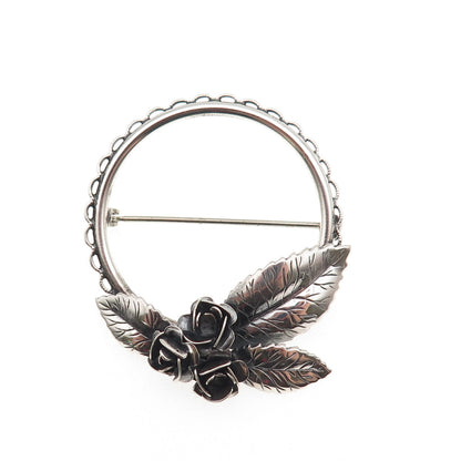 Beau 925 Sterling Silver Vintage Rose Floral Oxidized Pin Brooch