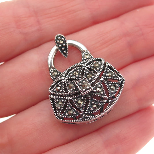 925 Sterling Silver Vintage Real Marcasite Ladies Purse Locket Charm Pendant
