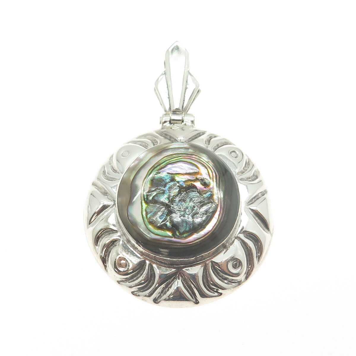 925 Sterling Silver Vintage Mexico Real Abalone Shell Round Pendant