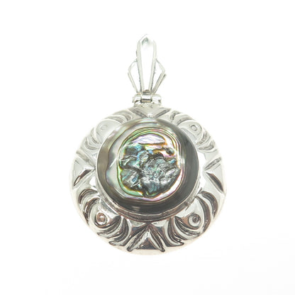 925 Sterling Silver Vintage Mexico Real Abalone Shell Round Pendant