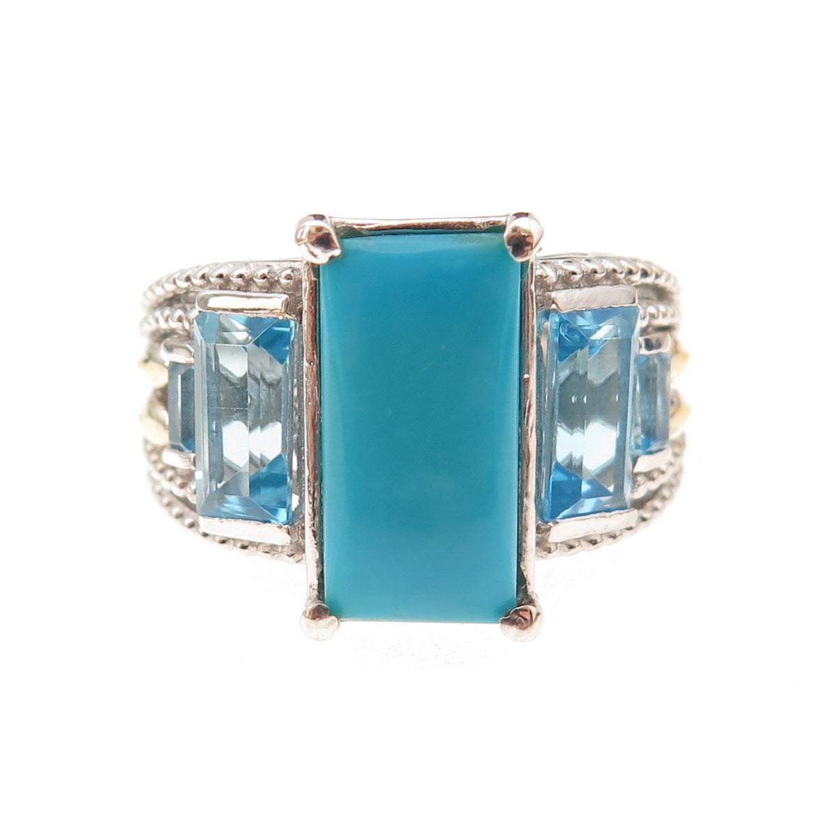 Chuck Clemency 925 Sterling Silver Real Turquoise & Blue Topaz Ring Size 8.25