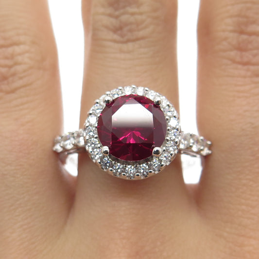 925 Sterling Silver Lab-Created Ruby & C Z Ring Size 10.25