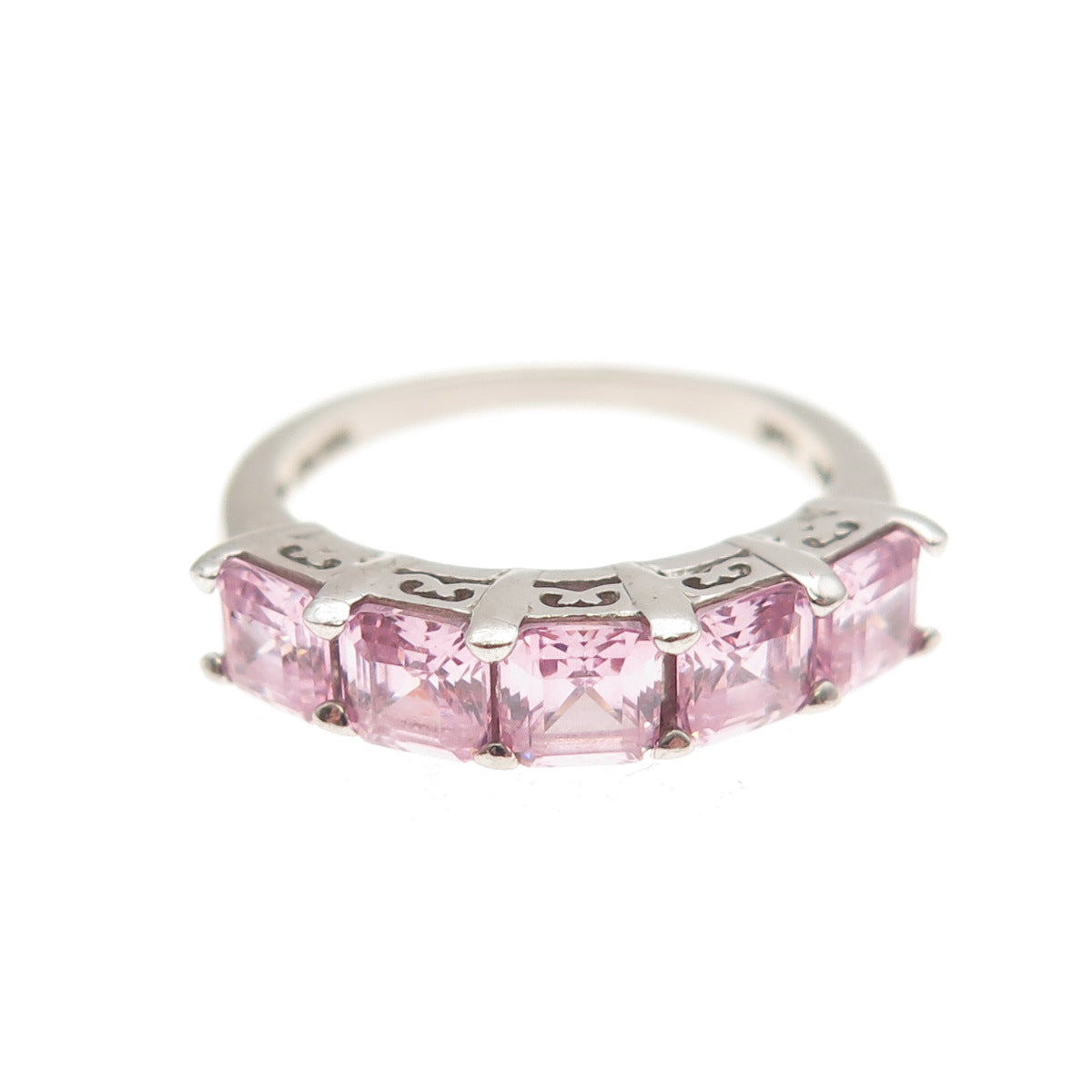 925 Sterling Silver Asscher-Cut Pink C Z Half Eternity Band Ring Size 5