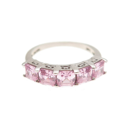 925 Sterling Silver Asscher-Cut Pink C Z Half Eternity Band Ring Size 5