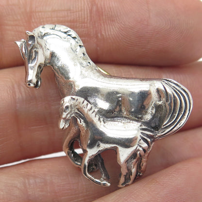 925 Sterling Silver Vintage Mom & Child Horse Oxidized Pin Brooch