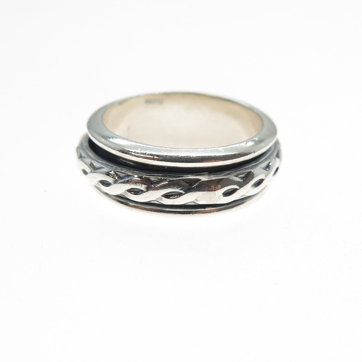 925 Sterling Silver Vintage Mexico Braided Rotating Band Oxidized Ring Size 7.25