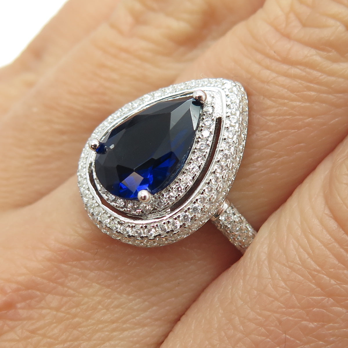 925 Sterling Silver Pear & Round-Cut Blue White C Z Ring Size 8