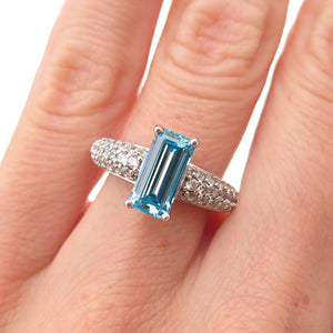 925 Sterling Silver Emerald-Cut Blue & Round-Cut White C Z Ring Size 5.25