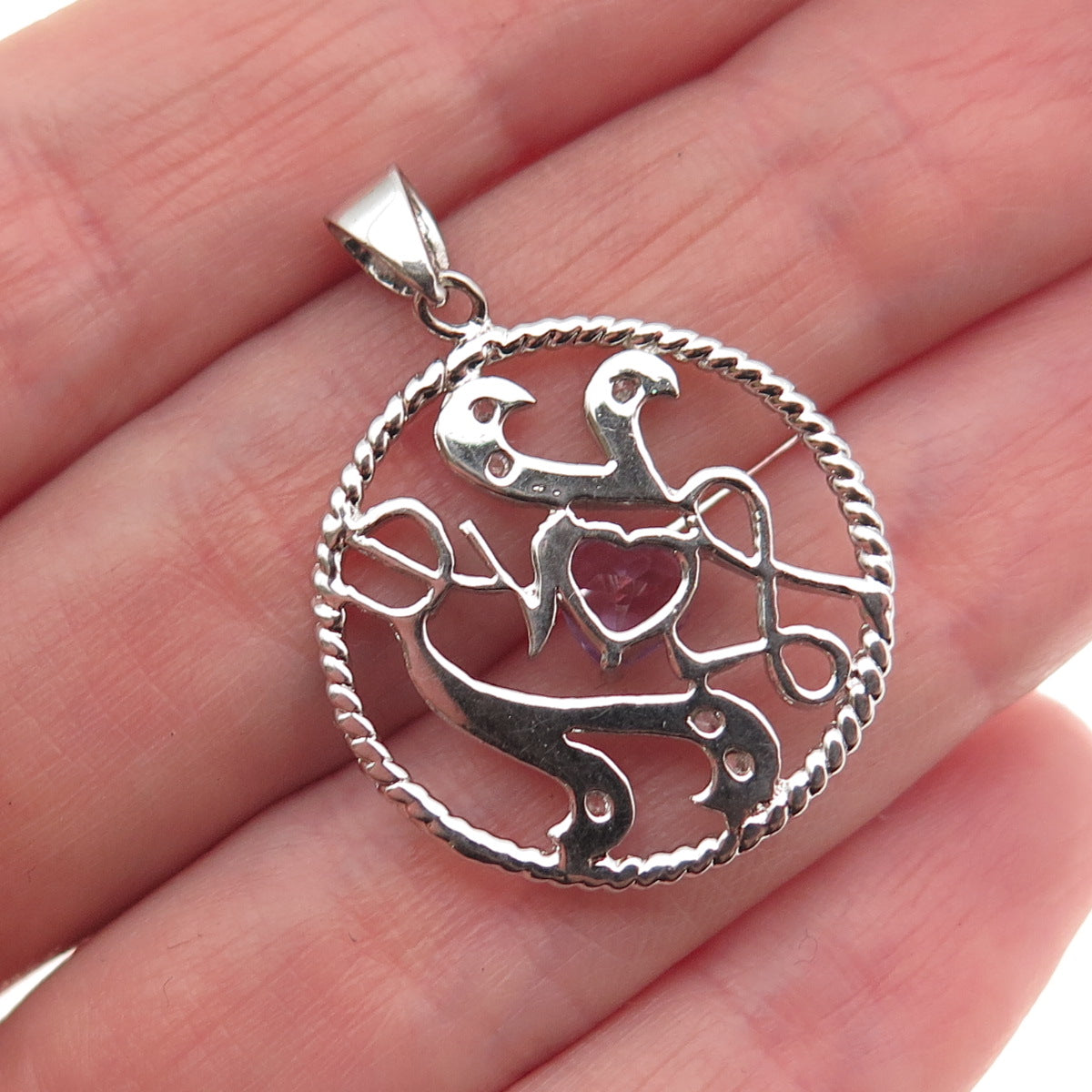 925 Sterling Silver Real Heart-Cut Amethyst & Round-Cut C Z Love Charm Pendant