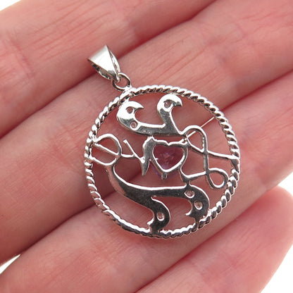 925 Sterling Silver Real Heart-Cut Amethyst & Round-Cut C Z Love Charm Pendant